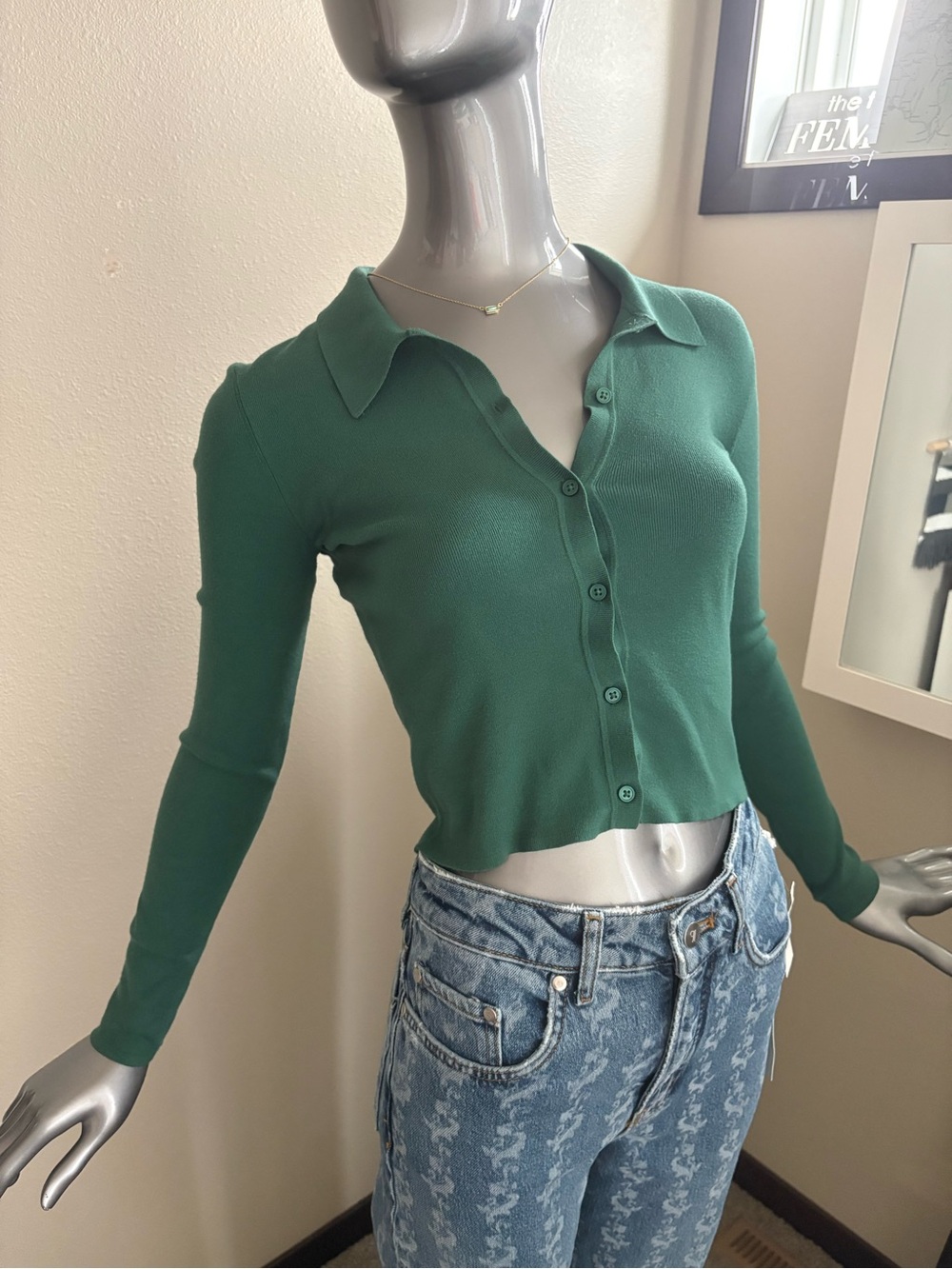 Sunday Best Emerald Green Button-Front Polo Crop Top